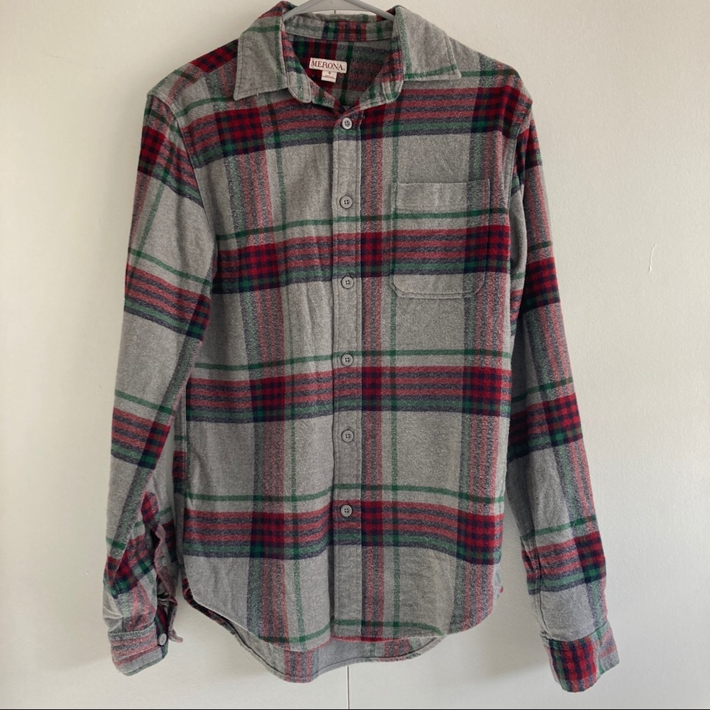 Gray Green Red Blue Plaid Holiday Flannel Sz S